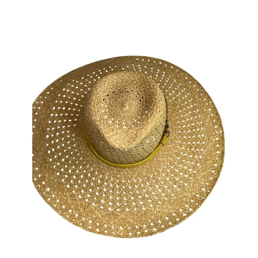 Coach Natural Straw Wide Brim Floppy Sun Hat Yellow Leather Trim One Size NWT - Picture 5 of 11